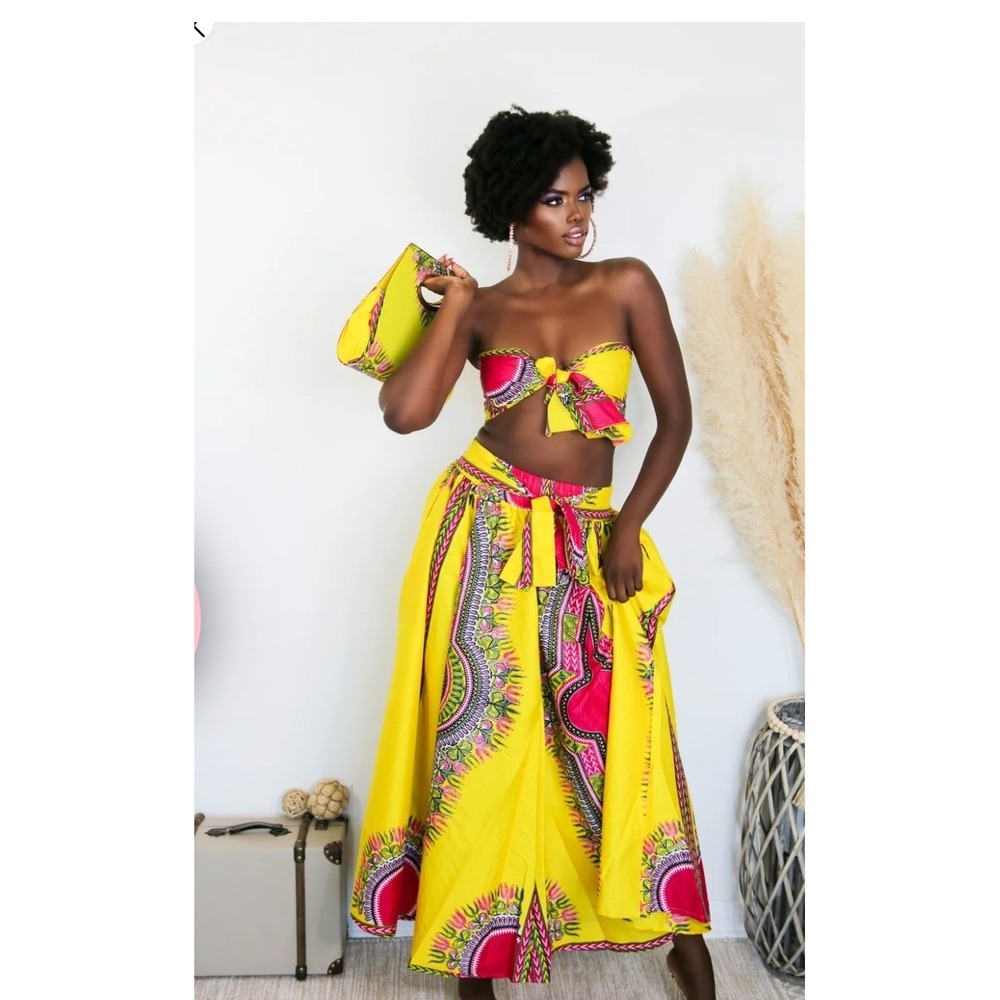 Laddi Dashiki Maxi Skirt Women One Size Yellow Excellent African Print Pockets